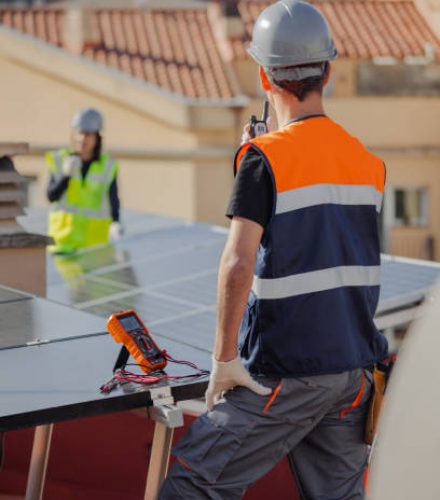 Technical engineer group using walkie talkie or Portable radio transceiver during solar panel system installation or maintenance on the roof of a building. Vertical and defocused background