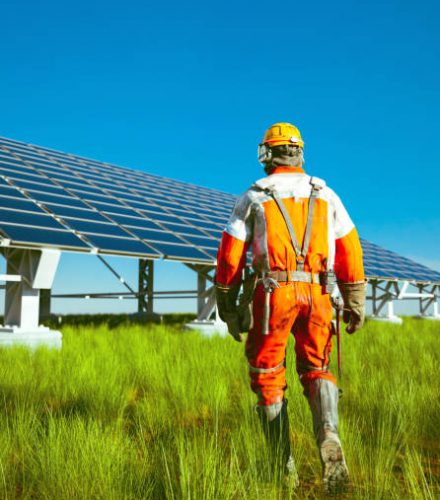 Clear blue sky and worker in orange work suit stands in a field in front of a solar power station. Concept of building and maintaining clean energy using the sun as a resource.